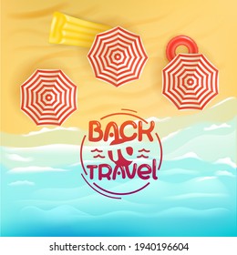 Sand beach with umbrellas. Summer vacation illustration with lettering inscription