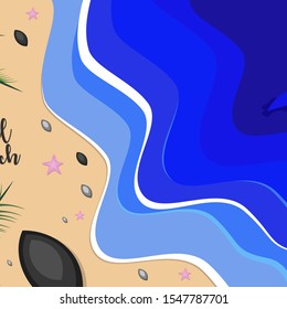 Sand beach with Waves, Shark, starfish and rock. Vector illustration. Vacation travel concept