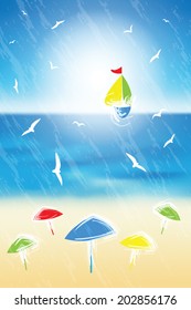 Sand beach and yacht in the open sea. Vector illustration.