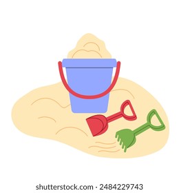 Sand in a blue bucket with a red shovel and a green rake. Children's toys for playing in the sand at sea during vacation.