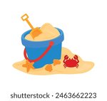 Sand in blue bucket with yellow shovel, crab, clam, and starfish. Kid toys for building sand castle in tropical summer beach vacation. Summer doodle icon vector illustration isolated