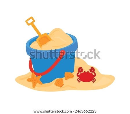 Sand in blue bucket with yellow shovel, crab, clam, and starfish. Kid toys for building sand castle in tropical summer beach vacation. Summer doodle icon vector illustration isolated