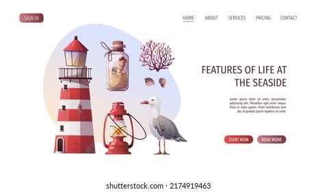 Sand bottle, seagull, lighthouse, corals, kerosene lamp. Maritime, sea coast, marine life, nautical concept. Vector illustration. Website, banner template.