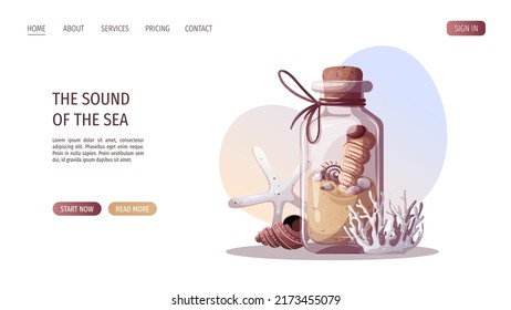 Sand bottle with seashells, corals, starfish. Maritime, sea coast, marine life, nautical concept. Vector illustration. Website, banner template.
