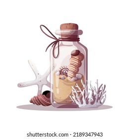 Sand bottle, seashells, corals, starfish. Maritime, sea coast, marine life, nautical concept. Vector illustration.