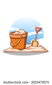 Sand and bucket in beach in summer cartoon illustration