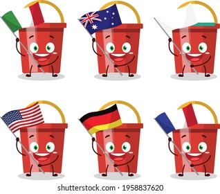 Sand bucket cartoon character bring the flags of various countries