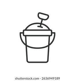 Sand bucket, icon in line design. Sand bucket, beach toy, summer play, beach bucket, sandcastle, seaside, plastic pail on white background vector. Sand bucket editable stroke icon