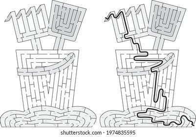 Sand bucket maze for kids with a solution in black and white