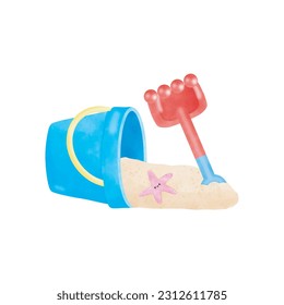 Sand bucket and rake toy watercolor cartoon on white background vector illustration