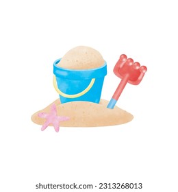 Sand bucket and rake toy watercolor cartoon on white background vector illustration