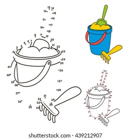 Sand Bucket and shovel. Connect the dots picture puzzle.Dot to dot educational game for kids.Vector illustration. Numbers game.