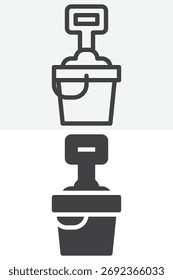 Balde de areia com pá estilo diferente ícone definido. Versão de linha e glifo, contorno e sinal de vetor sólido. Símbolo de ícone de jogo de praia de traçado editável.