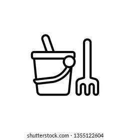 Sand Bucket and shovel flat icon. kid toys tools symbol, pail shovel label, sandbox place sign badge ribbon. - Vector