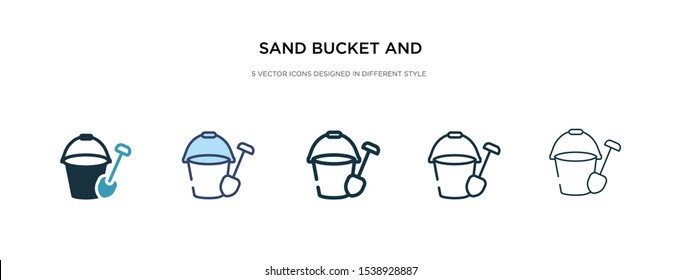 sand bucket and shovel icon in different style vector illustration. two colored and black sand bucket and shovel vector icons designed in filled, outline, line stroke style can be used for web,