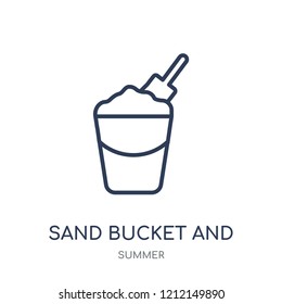 Sand bucket and shovel icon. Sand bucket and shovel linear symbol design from Summer collection. Simple outline element vector illustration on white background.