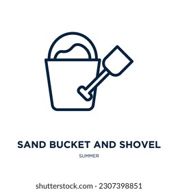 sand bucket and shovel icon from summer collection. Thin linear sand bucket and shovel, shovel, bucket outline icon isolated on white background. Line vector sand bucket and shovel sign, symbol for 