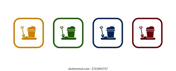 Sandeimer und Schaufel Symbol, Vektorgrafik. Farbiges Sandsymbol-Konzept.
