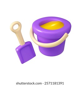 Sand bucket and shovel vector 3d icon. Beach kid toy isolated on white background. Cartoon cute illustration