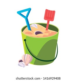 sand bucket with shovels and shells