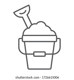 Icono de línea delgada Sand Bucket, jugar y playa, cubo de juguete con gráficos vectoriales de signo de pala, un icono lineal en un fondo blanco, eps 10