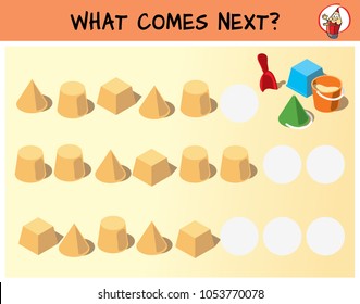 Sand cakes and children's toys. What comes next? Educational game for children. Cartoon vector illustration