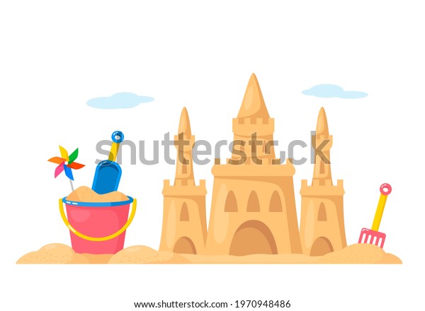 sand castle with baby bucket and shovel\
on the beach. the concept of vacation and travel with children.\
vector illustration isolated on white\
background