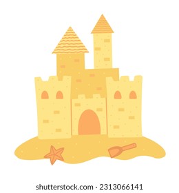 castillo de arena, playa, pez estrella y espátula infantil. Ilustración vectorial para impresión, fondos y embalaje. La imagen se puede usar para tarjetas de felicitación, carteles y pegatinas. Aislado sobre fondo blanco.