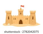 Sand castle beach summer vector illustration. Tropical sea resort vacation concept background with red flag and seashell. Toy fortress palace gate towers architecture isolated