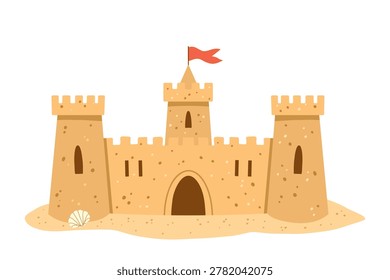 Sand castle beach summer vector illustration. Tropical sea resort vacation concept background with red flag and seashell. Toy fortress palace gate towers architecture isolated