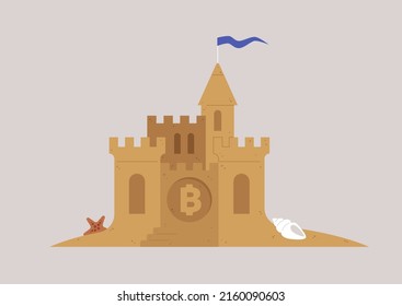 A sand castle with a bitcoin logo on it, a risky crypto currency market