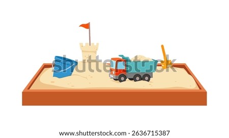 with Sand Castle, Blue Bucket, Dump Truck and Shovel in a Play Area