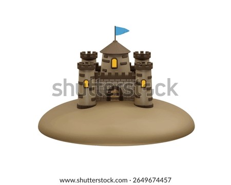  sand castle with a blue flag on an island of sand icon 3d rendering illustration