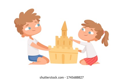 Sand Castle. Boy Girl Build Home On Beach. Cartoon Children Playing On Vacation, Flat Cute Kids Vector Characters