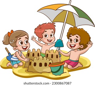 Sand castle. Boy girl build home on beach. Cartoon children playing on vacation, flat cute kids vector characters