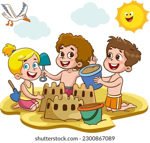 Sand castle. Boy girl build home on beach. Cartoon children playing on vacation, flat cute kids vector characters