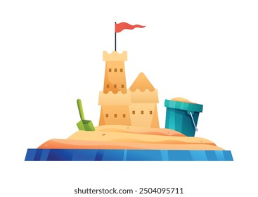 Sand castle and bucket on sandbox, ideal for beach games and fun. Vector cartoon illustration