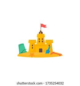 Sand castle with a bucket with a shovel and a rake. Vector cartoon illustration style can use for greeting card, decor, banner, sticker, T-shirt 