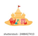 Sand castle with sand bucket and shovel vector illustration for kids summer beach holiday isolated on transparent background