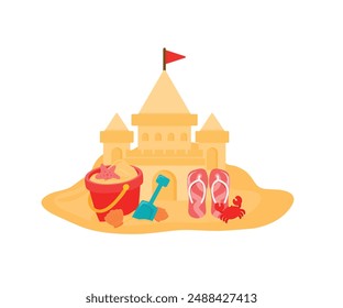 Sand castle with sand bucket and shovel vector illustration for kids summer beach holiday isolated on transparent background