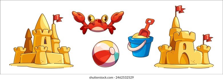 Sandburg, Eimerspielzeug und Schaufel am Strand Vektorgrafik Cartoon. Sandcastle Zeichnung isoliert Ikone für Kinderspiel. Sommerurlaub Reiseaktivität zum Spielen mit Krabbe, Eimer Werkzeug, Ball Illustration Clipart.