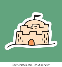 sand. the sand castle. castle. sand. build a beach. a children's castle. vector. sticker. doodle drawing. retro palette. with a white outline.