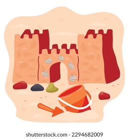 A sand castle built by children on the beach. Two battlements and an arched entrance. A bucket with a shovel and pebbles.Colorful background in flat style.Vector cartoon illustration on white.