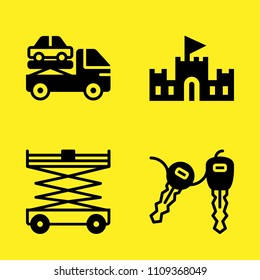 sand castle, car key, crane and lifter vector icon set. Sample icons set for web and graphic design