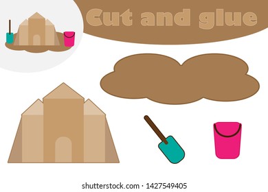 Sand castle in cartoon style, education game for the development of preschool children, use scissors and glue to create the applique, cut parts of the image and glue on the paper, vector illustration