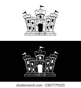 Vector de dibujos animados de castillo de arena e ilustración, negro y blanco, dibujado a mano, estilo de dibujo, aislado sobre fondo blanco.