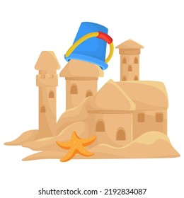 Sand castle childish building summer beach architecture with plastic bucket toy and starfish vector flat illustration. Sandcastle children game kingdom tower summertime vacation coast leisure activity