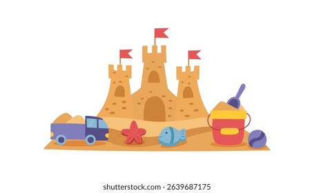 Sand castle and children's sandbox toys isolated on white background. Summer beach object. Vector flat clipart.