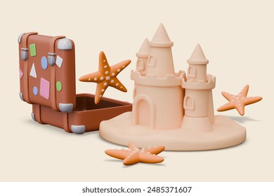 Sand castle closeup, open suitcase with stickers, starfish. Trip to sea