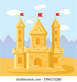 Sand castle with colorful background, vector illustration